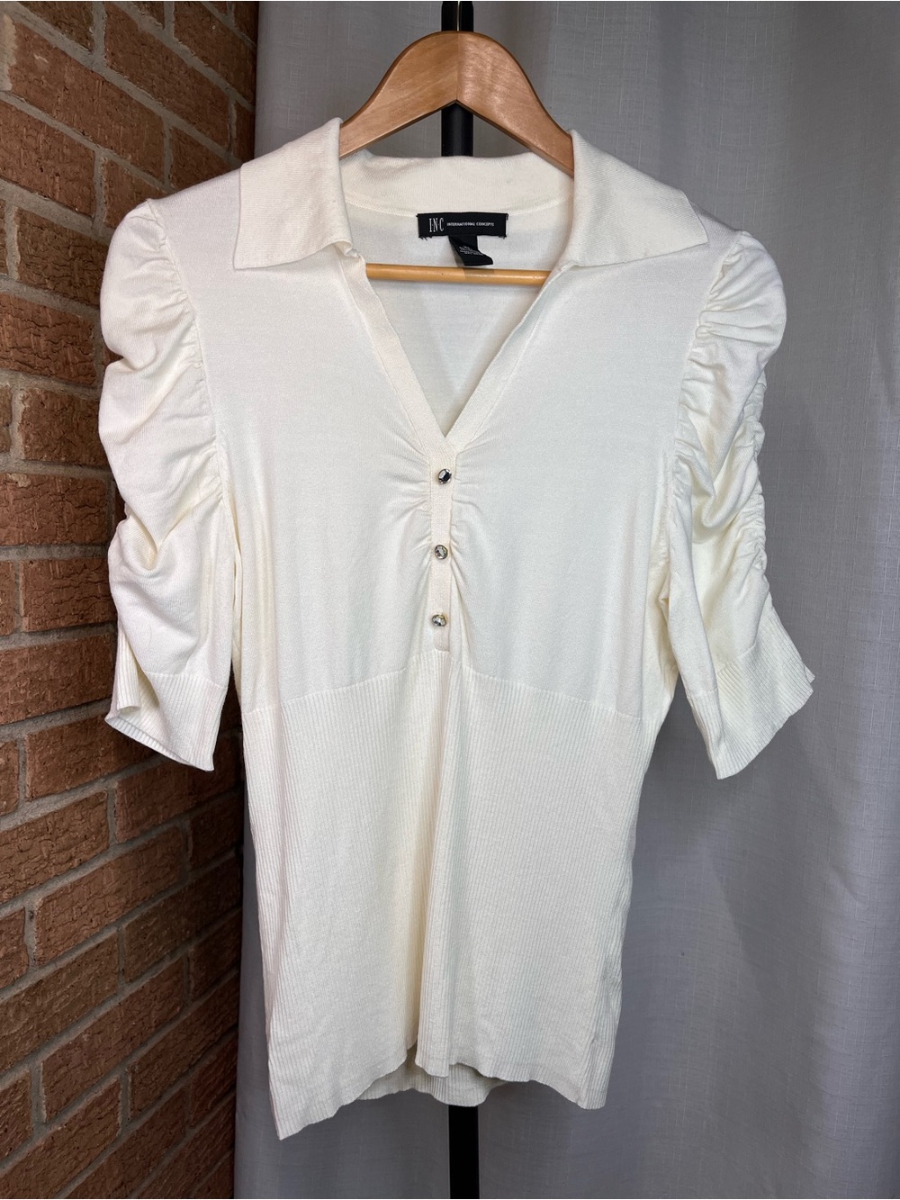 INC International Concepts Ivory Puff Sleeve Sweater Top XL Rhinestone Henley